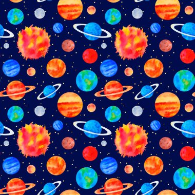 Gezegenlerin kusursuz deseni, yıldızlı mavi zemin üzerindeki güneş sistemi..