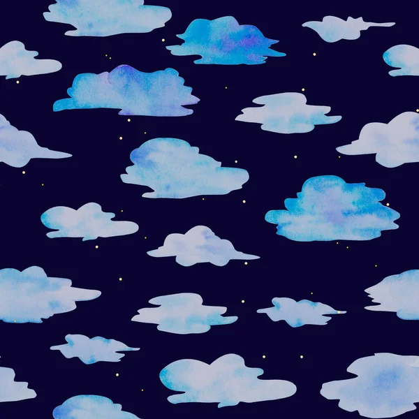 Aquarell Wolkenmuster Auf Dunklem Hintergrund Mit Sternen Für Druck Kinderdesign — Stockfoto