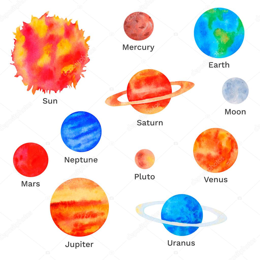 Set of planet, solar system isolated on white background.