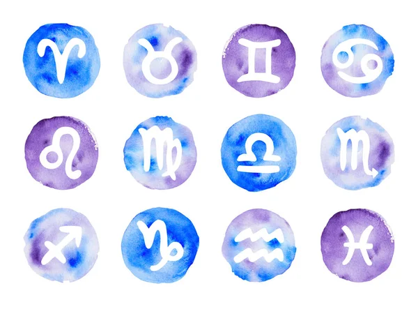 Set Von Aquarell Tierkreiszeichen Astrologische Symbole Isoliert Auf Weißem Hintergrund — Stockfoto