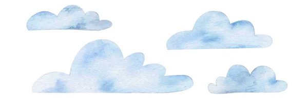 Cartoon Nuvens Azuis Fundo Branco Isolado Ilustração Aquarela Desenhada Mão — Fotografia de Stock