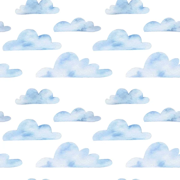 白い背景に青い雲と漫画のパターン 手描き水彩イラスト Print — ストック写真