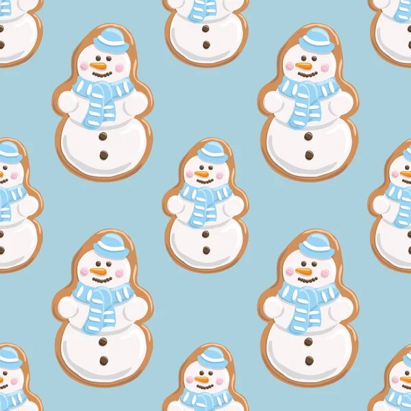 Ginger cookies sömlösa mönster. Jul Pepparkaka på ljusblå bakgrund . — Stockfoto