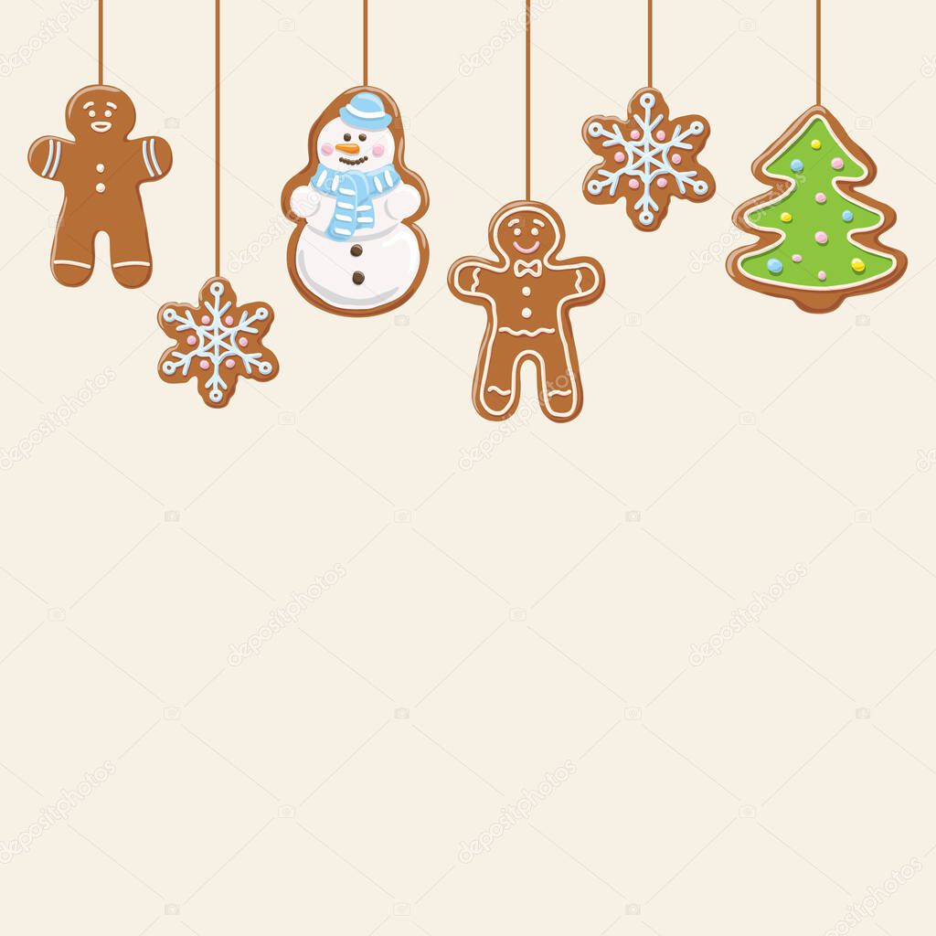 Hanging gingerbread man, tree, snowman and stars cookies