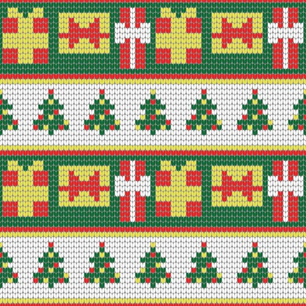 Patrón ornamental tradicional de punto navideño. Fondo de Año Nuevo con árbol de Navidad y regalos — Vector de stock