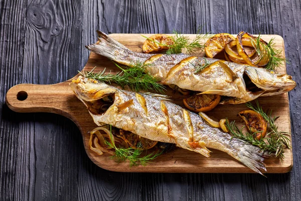 Whole Roasted Sea Bass Fish Served Wooden Board Sea Salt — Stock Photo, Image