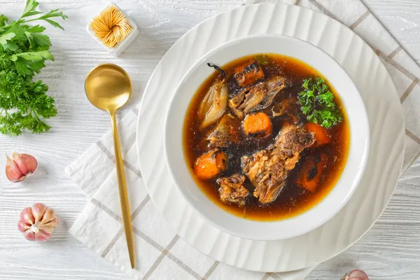 Beef Broth Beef Meat Bones Slow Cooked Charred Vegetables Carrot — Stock Photo, Image