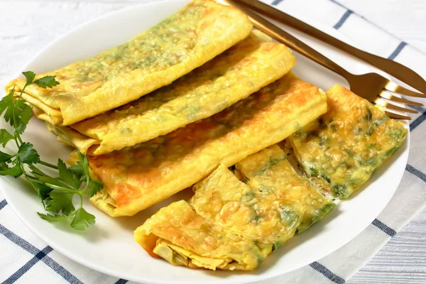 Close Crispy Fried Thin Burritos Melted Asadero Cheese Greens Filings — Stock Photo, Image