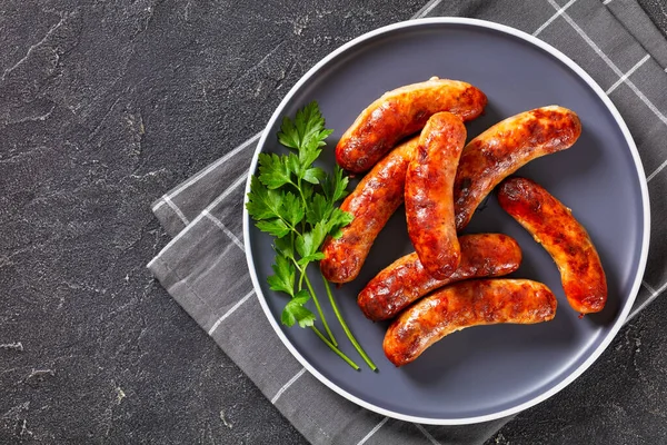 Fried Sausages Plate Concrete Table Horizontal View Flat Lay Free — Stock Photo, Image