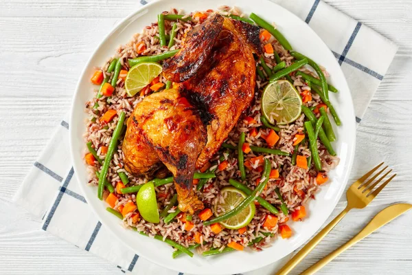 Roasted Half Chicken Green Bean Carrot Fried Brown Wild Rice — Stock Photo, Image