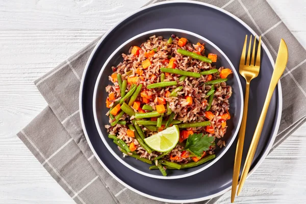 Vegetarian Pilaf Brown Wild Rice Green Beans Carrot Plate Lime — Stock Photo, Image