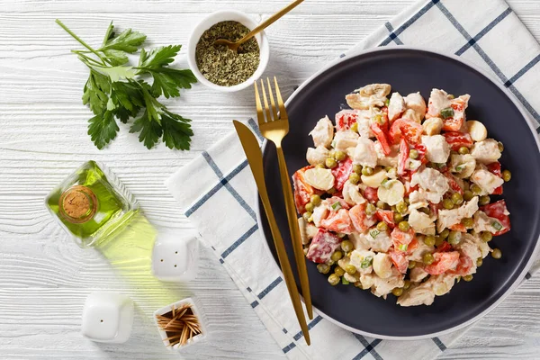 Chicken Vegetables Mushrooms Salad Mixed Yogurt Dressing Plate White Wooden — стоковое фото