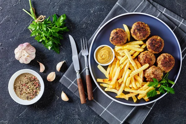 Vitoule Gehaktballetjes Belgian Meatballs Ground Pork Veal Plate French Fries — стокове фото