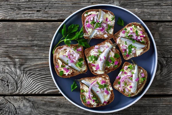 Pickled Sprat Open Sandwiches Butter Red Onion Rye Bread Slices — Fotografia de Stock