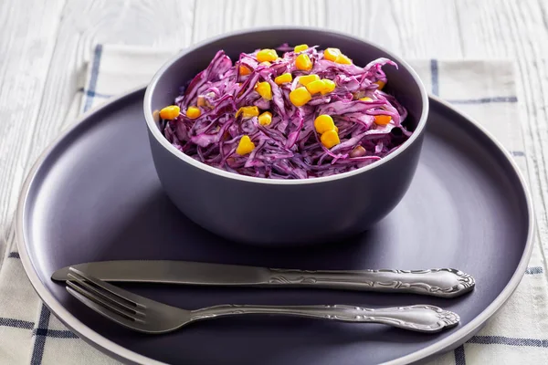 Red Cabbage Corn Salad Mayonnaise Dressing Bowl White Wooden Table — Foto Stock