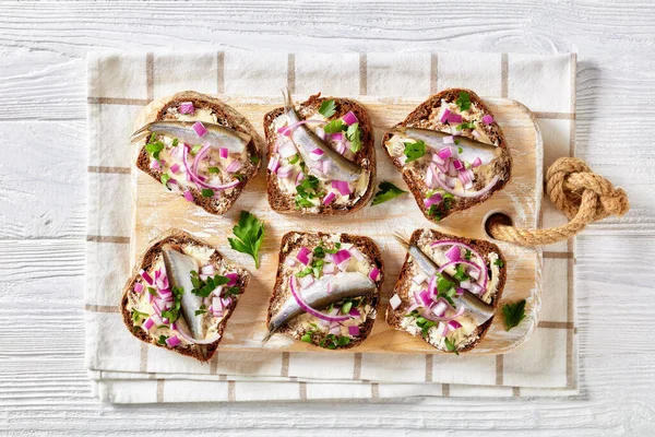 Pickled Sprat Open Sandwiches Butter Red Onion Rye Bread Slices — 图库照片