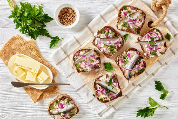 Pickled Sprat Open Sandwiches Butter Red Onion Rye Bread Slices — Stock Photo, Image