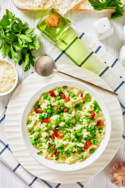 Risi Bisi Venetian Risotto Spring Peas Chunks Ham Bowl White — Stock Photo, Image