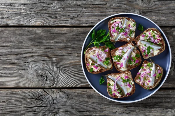 Pickled Sprat Open Sandwiches Butter Red Onion Rye Bread Slices — Fotografia de Stock