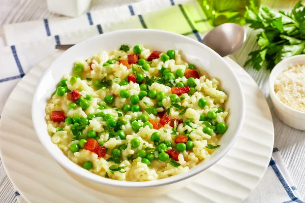 Risi Bisi Venetian Risotto Spring Peas Chunks Ham Bowl White — Stock Photo, Image