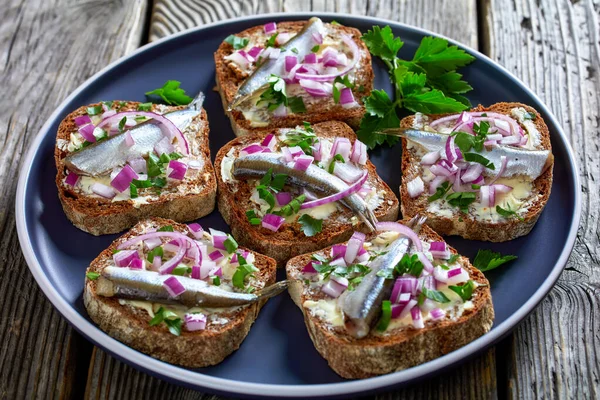 Pickled Sprat Open Sandwiches Butter Red Onion Rye Bread Slices — Stock fotografie