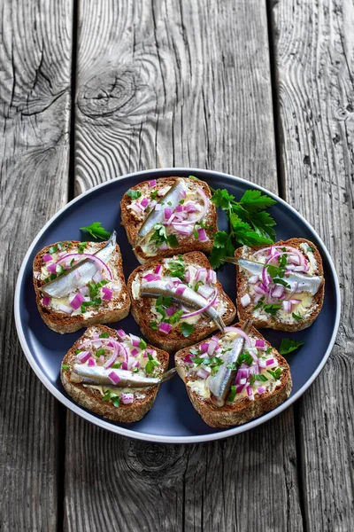 Маринованные Сэндвичи Маслом Красным Луком Ломтиках Ржаного Хлеба Блюдечке Деревенском — стоковое фото