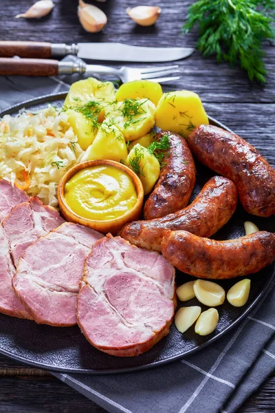 Schlachtplatte Fried Bratwurst Smoked Pork Neck Boiled Potatoes Sauerkraut Mustard — Stock Photo, Image