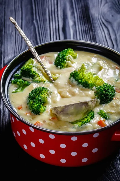 Sup Keju Brokoli Dengan Kaldu Ayam Krim Dan Wortel Dalam — Stok Foto