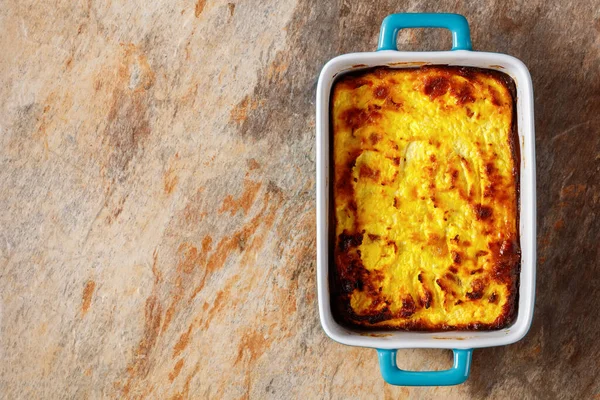 Cottage Cheese Casserole Baking Dish Stone Table Flat Lay Free — Stock Photo, Image