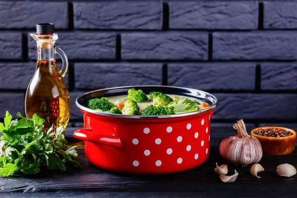 Brokolicová Sýrová Polévka Kuřecím Vývarem Smetanou Zeleninou Červeném Hrnci Kuchyňském — Stock fotografie