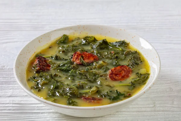 Caldo Verde Sopa Verde Batata Couve Portuguesa Com Salsicha Chorizo — Fotografia de Stock
