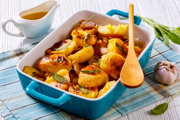 Crispy Roasted Squashed Potatoes Caramelised Garlic Sage Leaves Baking Dish — Stock Photo, Image
