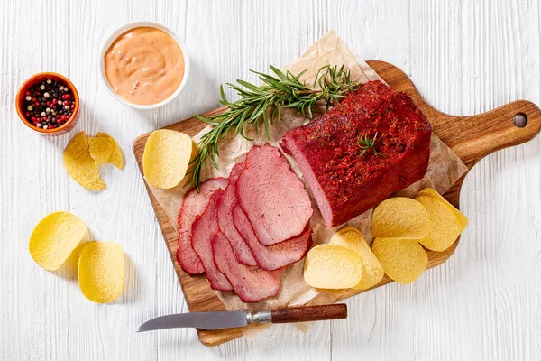 Fresh Sliced Beef Pastrami Wooden Board Fresh Rosemary Potato Chips — стоковое фото