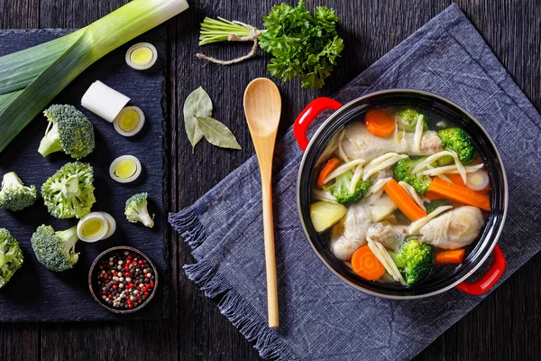 Sup Musim Semi Ayam Dengan Brokoli Wortel Parsnip Bawang Dan — Stok Foto