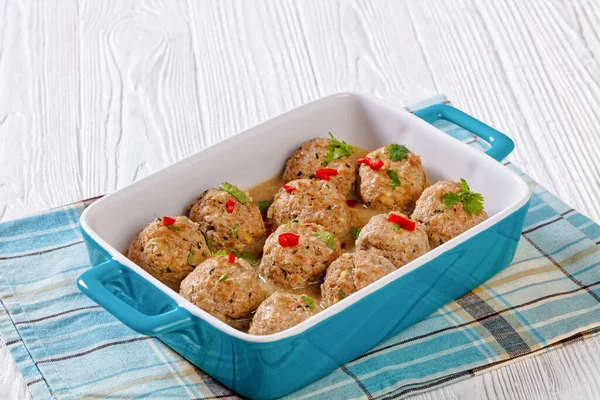 Banh Vietnamese Meatballs Baking Dish White Table Horizontal View Close — стоковое фото