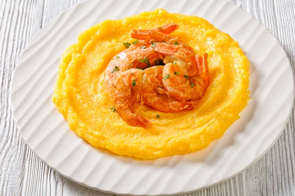 Polenta Schie Fritte Venetian Dish Polenta Fried Shrimps White Plate — стоковое фото