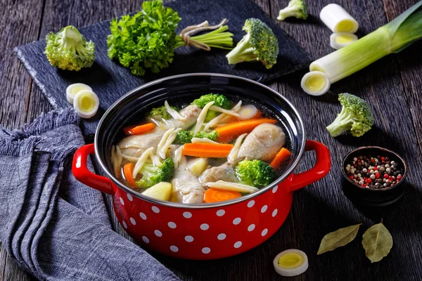 Sup Musim Semi Ayam Dengan Brokoli Wortel Ubi Jalar Bawang — Stok Foto