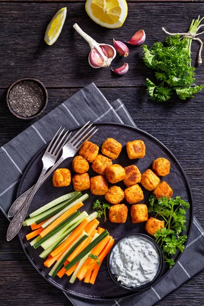 Chickpea Veggies Mini Rolls Gnocchi Served Fresh Cucumber Carrot Sticks — стоковое фото