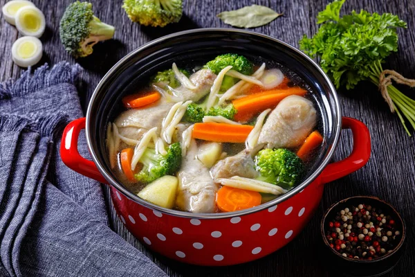 Close Chicken Spring Soup Broccoli Carrots Parsnip Leek Pasta Red — 스톡 사진