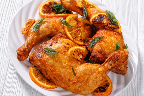 Close Orange Barbecue Grilled Chicken White Plate Sage Leaves Horizontal — Photo