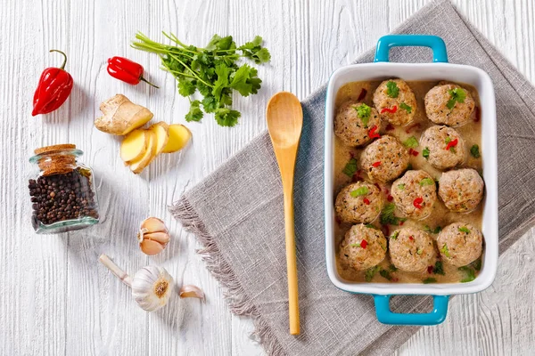 Banh Vietnamese Meatballs Baking Dish Wood Spoon White Table Ingredients — Fotografie, imagine de stoc