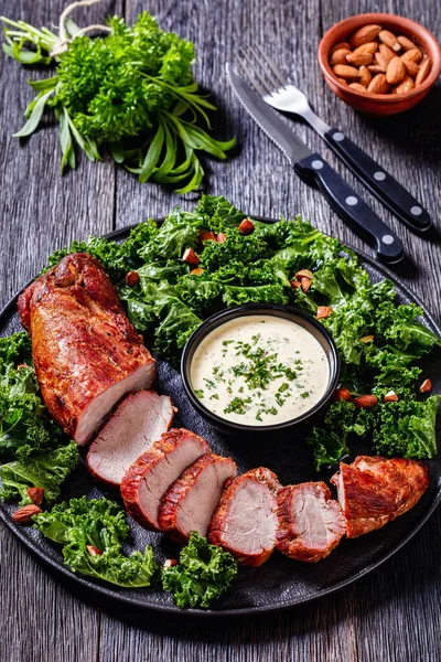 Roast Pork Tenderloin Creamy Mustard Tarragon Sauce Black Plate Kale — Stockfoto