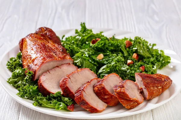 Close Roast Pork Tenderloin White Plate Fresh Kale Roast Almond — Stockfoto