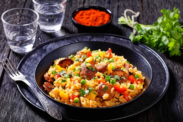 Browned Smoked Sausages Rice Bell Pepper Onion Green Peas Black — Stok fotoğraf