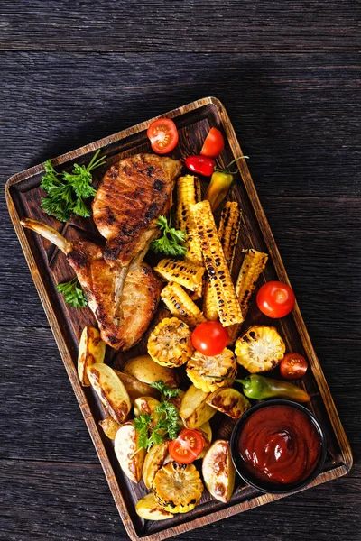 Roasted Tomahawk Pork Chops Grilled Corn Disks Corn Ribs Wedges — Stock Photo, Image