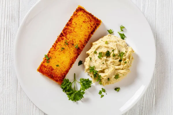 Baccala Mantecato Venetian Creamed Cod Toasted Polenta White Plate Horizontal — Stock Photo, Image