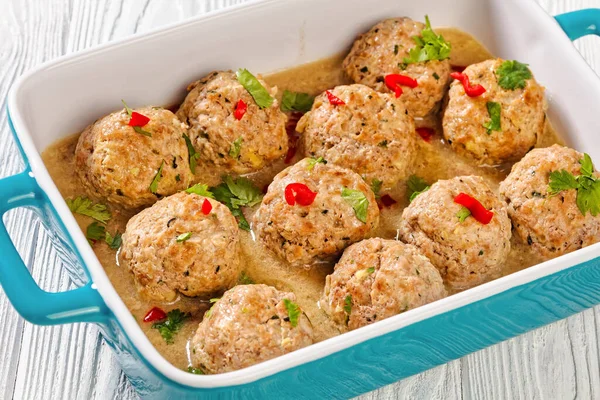 Close Banh Vietnamese Meatballs Baking Dish White Table Macro — Stock Photo, Image