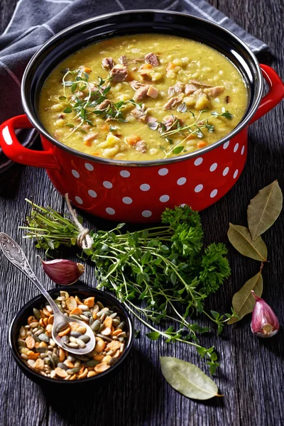 Finnish Split Pea Soup Hernekeitto Ham Red Pot Hot Mustard — Fotografia de Stock