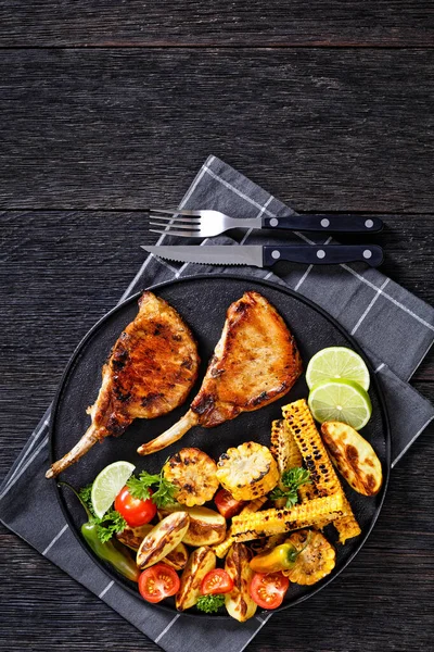 Bbq Tomahawk Pork Chops Bone Steak Grilled Corn Disks Corn — Stockfoto