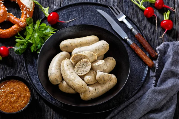 Weisswurst Black Bowl German White Sausages Minced Veal Pork Back — Stock Photo, Image